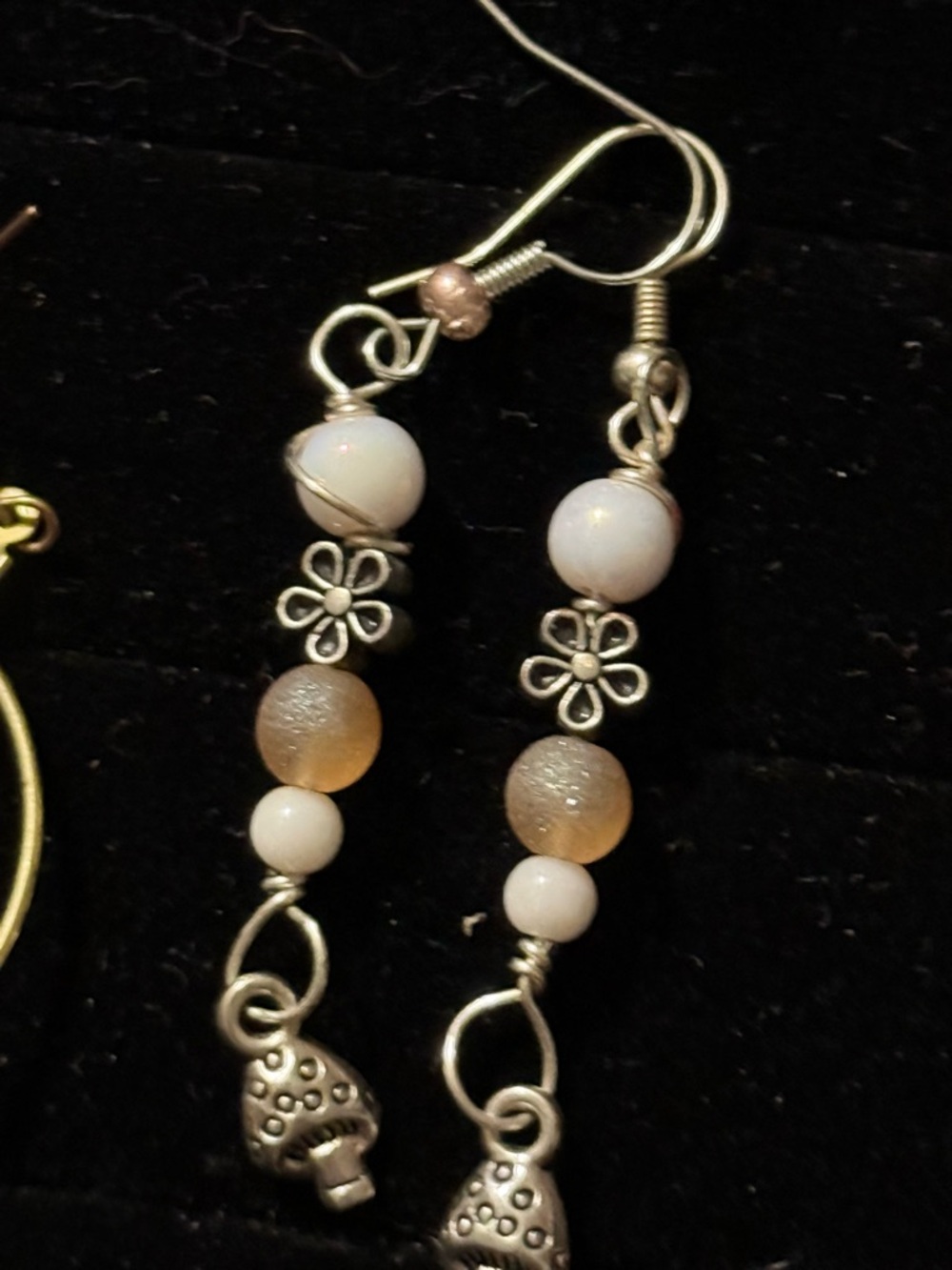 Handmade Mushrooms With White and Cream Bead Dangle Earrings - Floral Accent